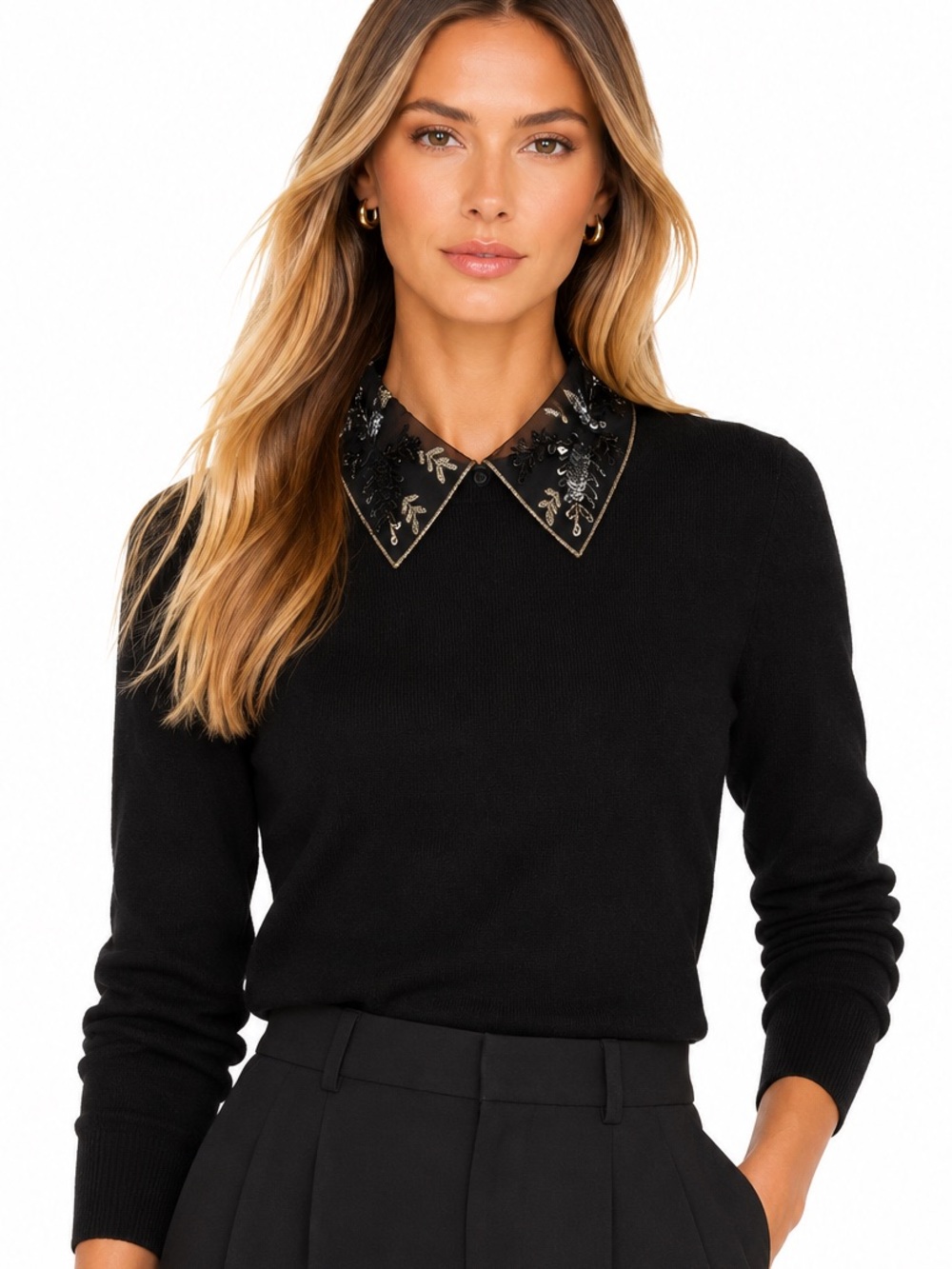 Club Monaco Black 100% Merino Wool Embellished Sequin Collar Sweater